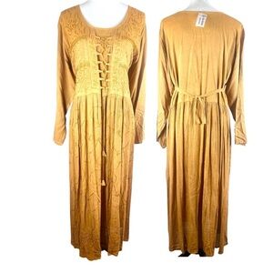 NWT Boho Mustard Embroidered Lace-Up Maxi Dress India Rayon